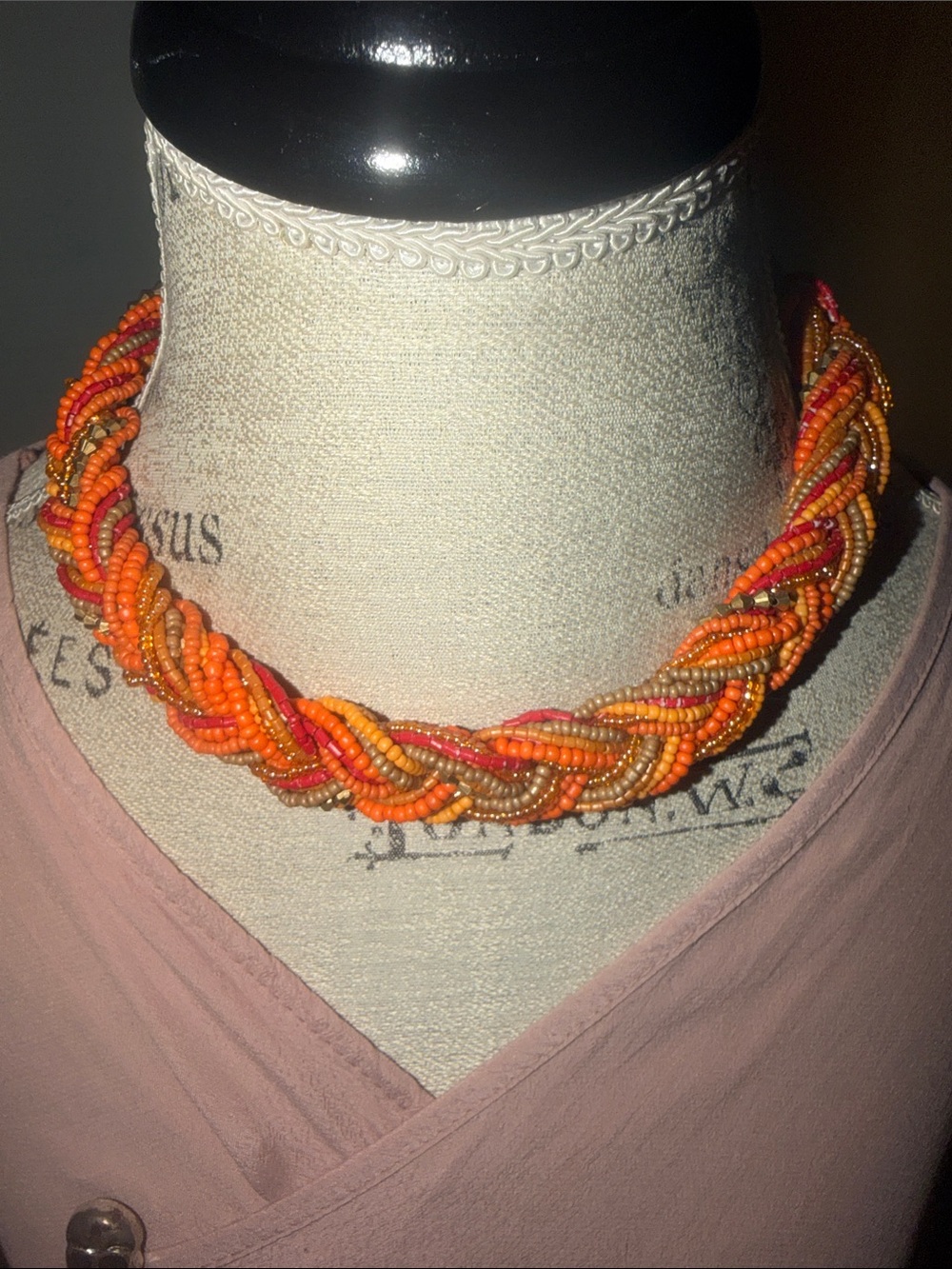 Braided Seed Bead Necklace Orange Chunky Chocker Twist